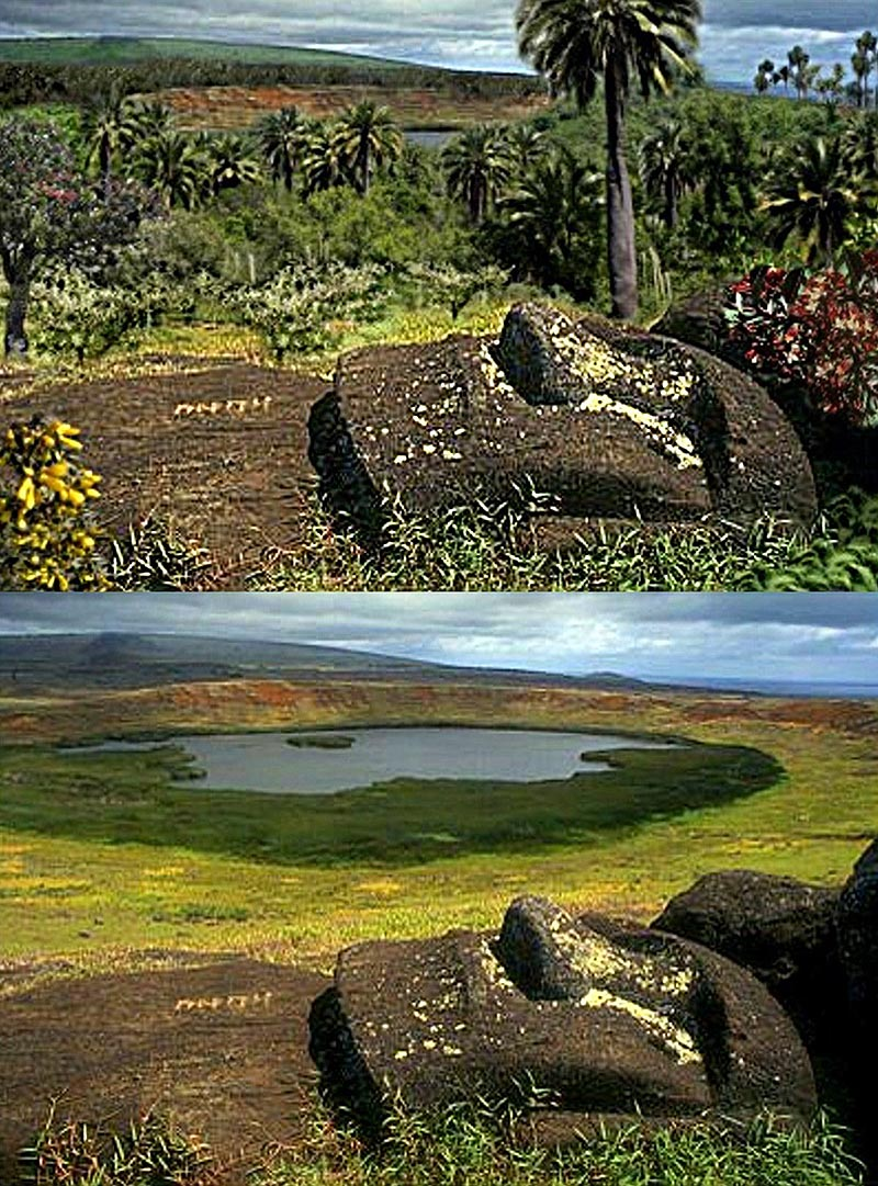 Arriba, recreación artística sobre el aspecto que pudo tener la Isla de Pascua. Abajo, aspecto actual. Foto: Wikipedia